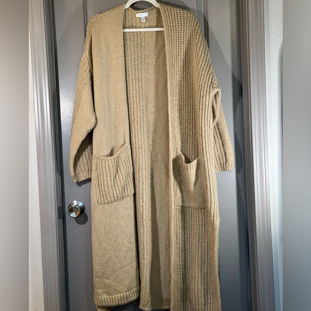 Topshop Cozy Mixed Texture Open-Front Long Cardigan Sweater in Beige